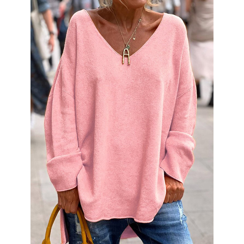 Crew Neck Fuzzy Solid Casual Long Sleeve Women Knitted Shirt