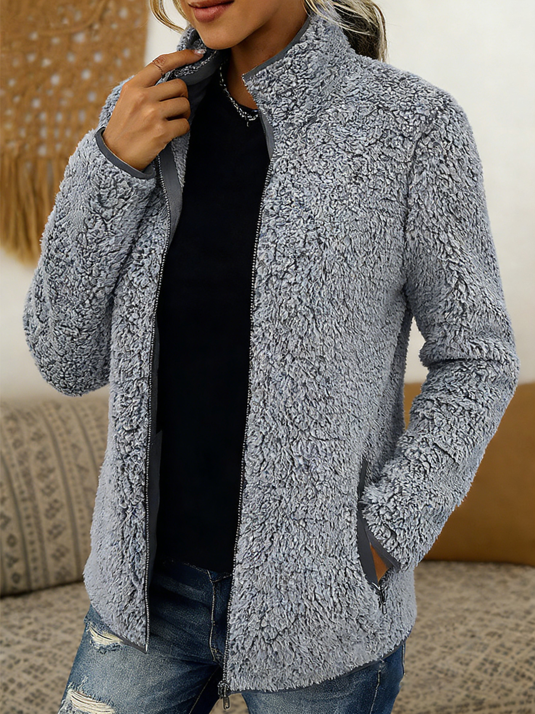 🎄 Clearance Sale! 🔥 Stand-collar solid color zippered fleece jacket
