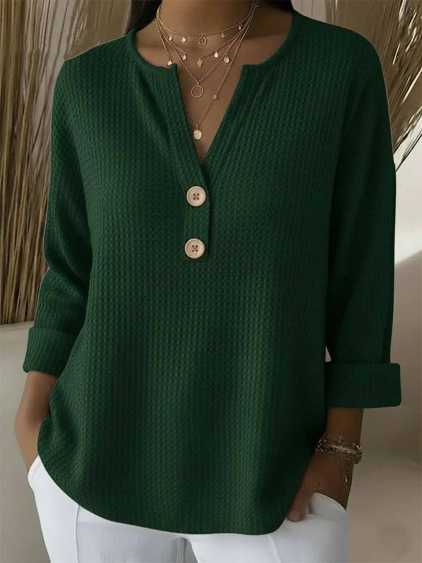 Women's waffle knit button-down V-neck casual long-sleeved top