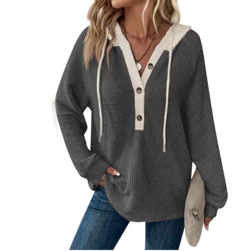 Clearance Sale! 🔥 Women's Solid Color Waffle Knit Hooded Button-Up Loose Long-Sleeve Colorblock Sweatshirt