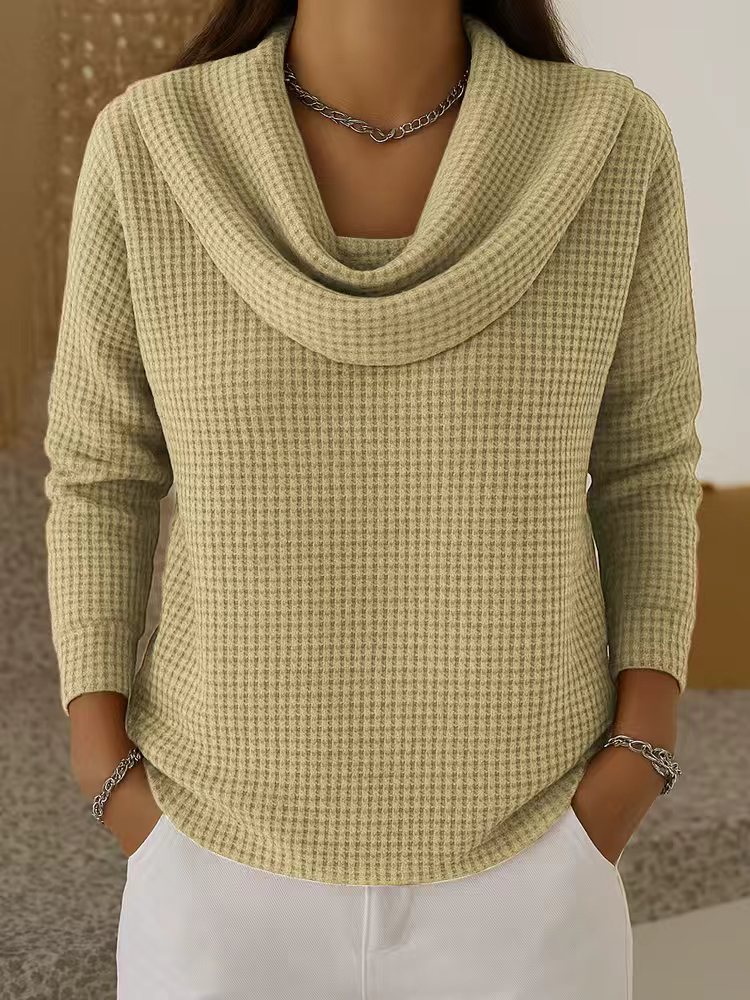 Casual solid color waffle knit long-sleeved pullover top