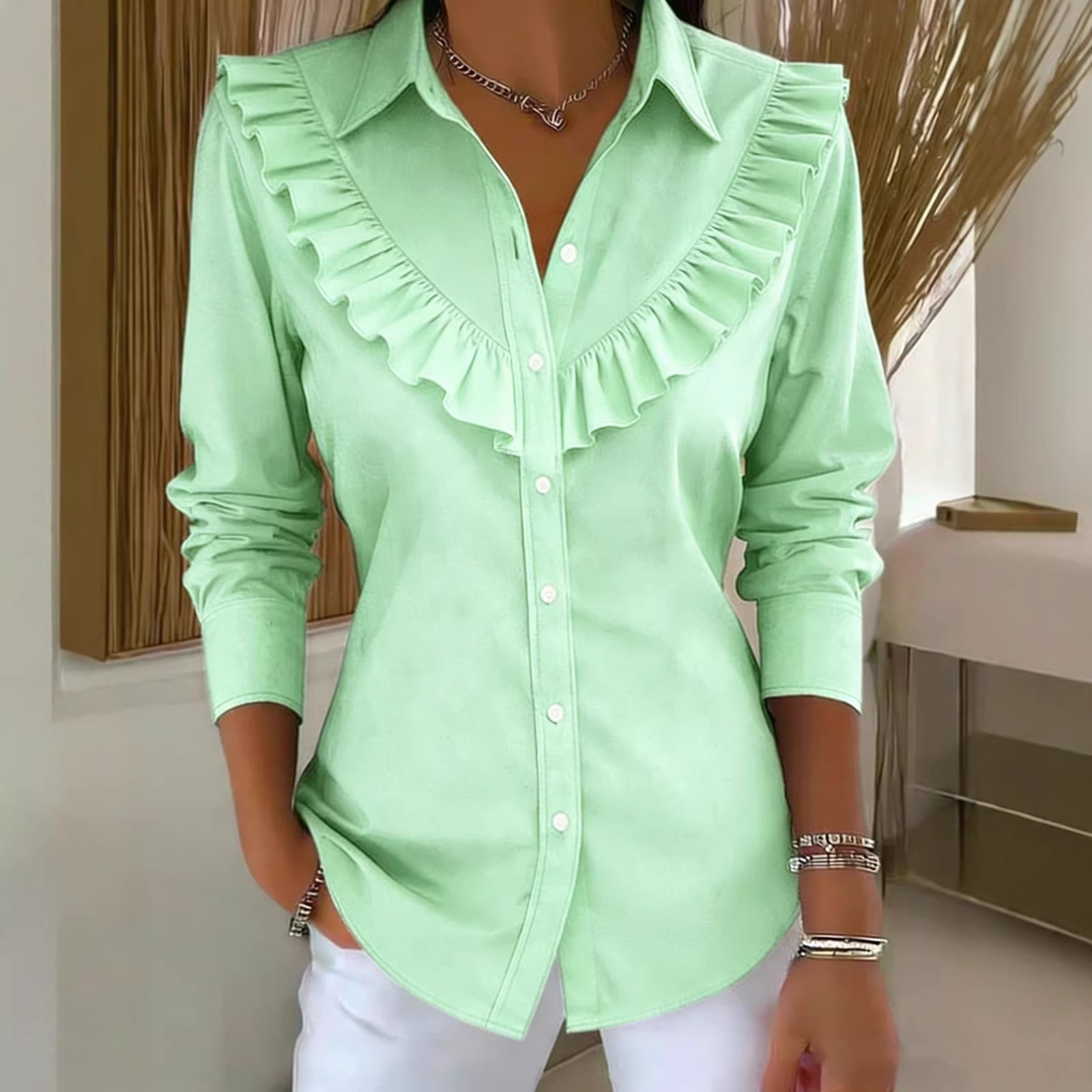 🔥New Arrival🔥 Solid Color Long-Sleeved Cotton and Linen Blouse with Ruffle Trim