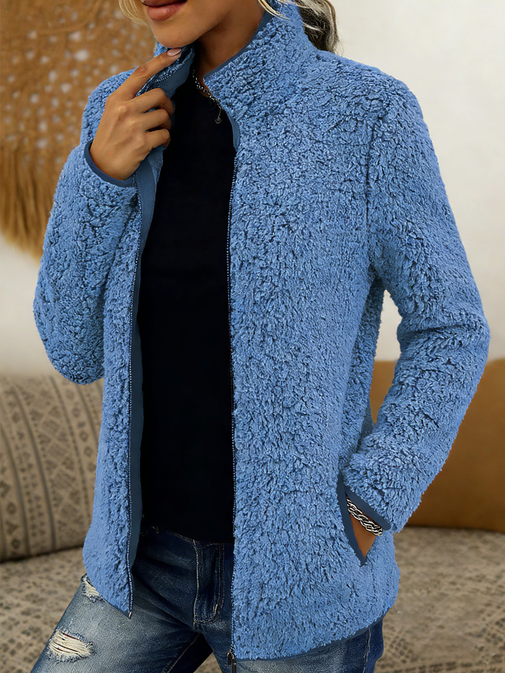 🎄 Clearance Sale! 🔥 Stand-collar solid color zippered fleece jacket