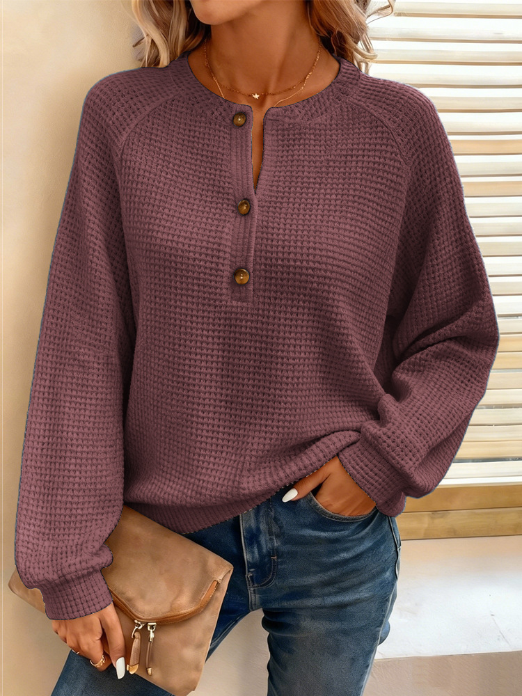 🎄 Clearance Sale! 🔥 Solid Color Waffle Knit Long-Sleeved Pullover Top