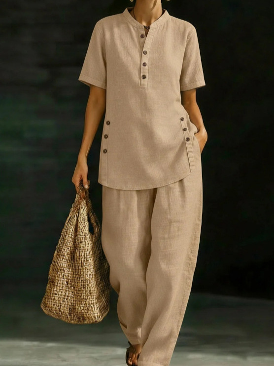 🔥Hot Selling Now！🔥 Minimalist V-neck Shirt And Wide-leg Pants Two-piece Set