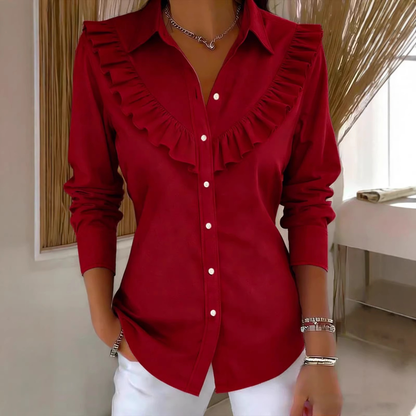 🔥New Arrival🔥 Solid Color Long-Sleeved Cotton and Linen Blouse with Ruffle Trim