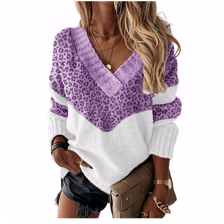 🔥Enjoy 30% off today!🎁 Women's V-neck sweater with leopard print color-block design.