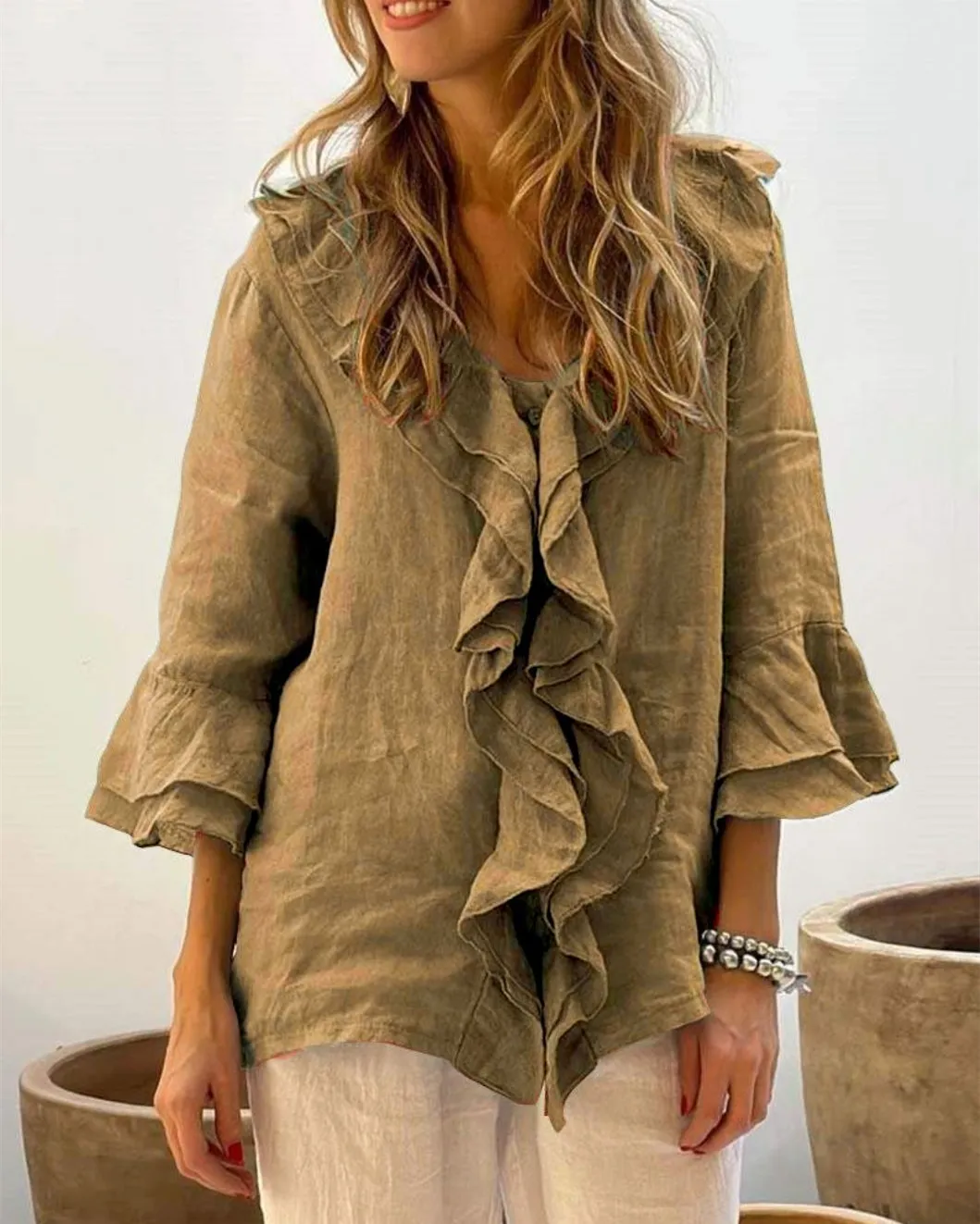Women's Button Down Shirts V Neck 3/4 Sleeve Elegant Ruffle Casual Blouses Tops