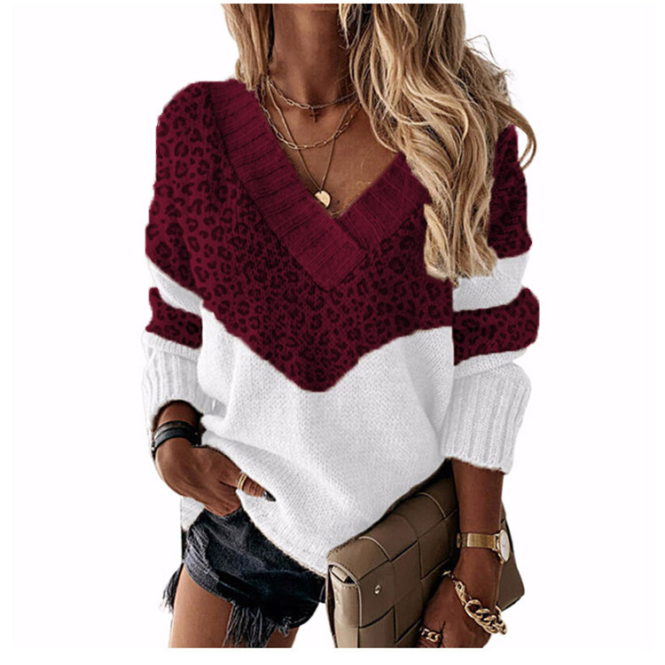 🔥Enjoy 30% off today!🎁 Women's V-neck sweater with leopard print color-block design.