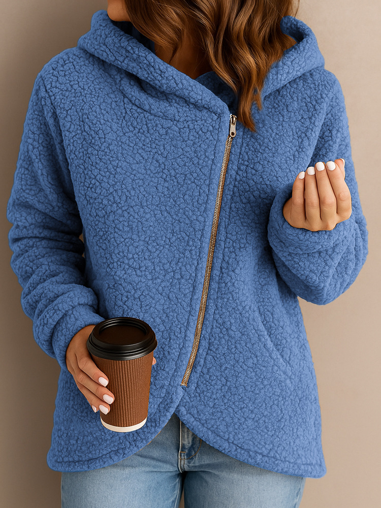 Women's diagonal zipper lamb wool hooded jacket