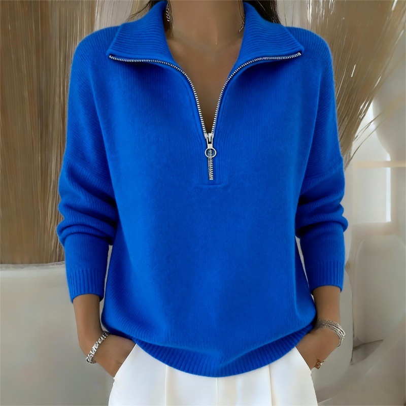 🎄New Arrival🔥 Women's Solid Color Zippered Lapel Casual Loose Knit Pullover Sweater