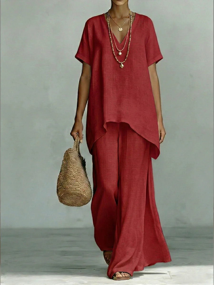 Women's Comfortable, Loose-fitting Linen And Cotton Top And Wide-leg Pants Two-piece Set.