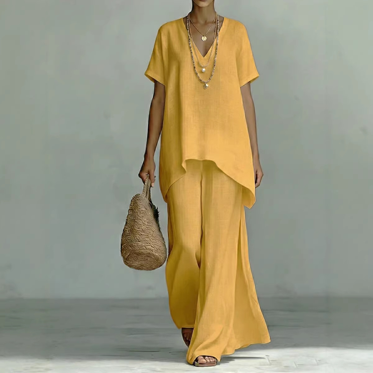 Women's Comfortable, Loose-fitting Linen And Cotton Top And Wide-leg Pants Two-piece Set.