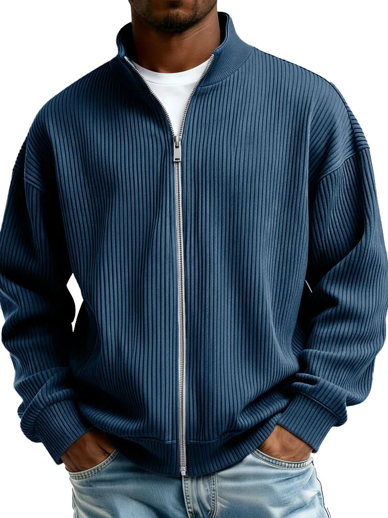 Men's simple and casual ribbed stand-collar zip-up long-sleeved jacket