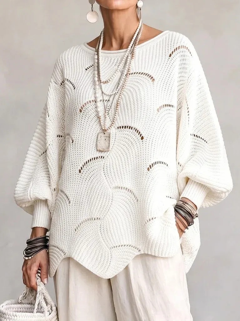 🔥LAST DAY 50% OFF🔥Hollow Wave Pattern Loose Lantern Sleeve Knit Top
