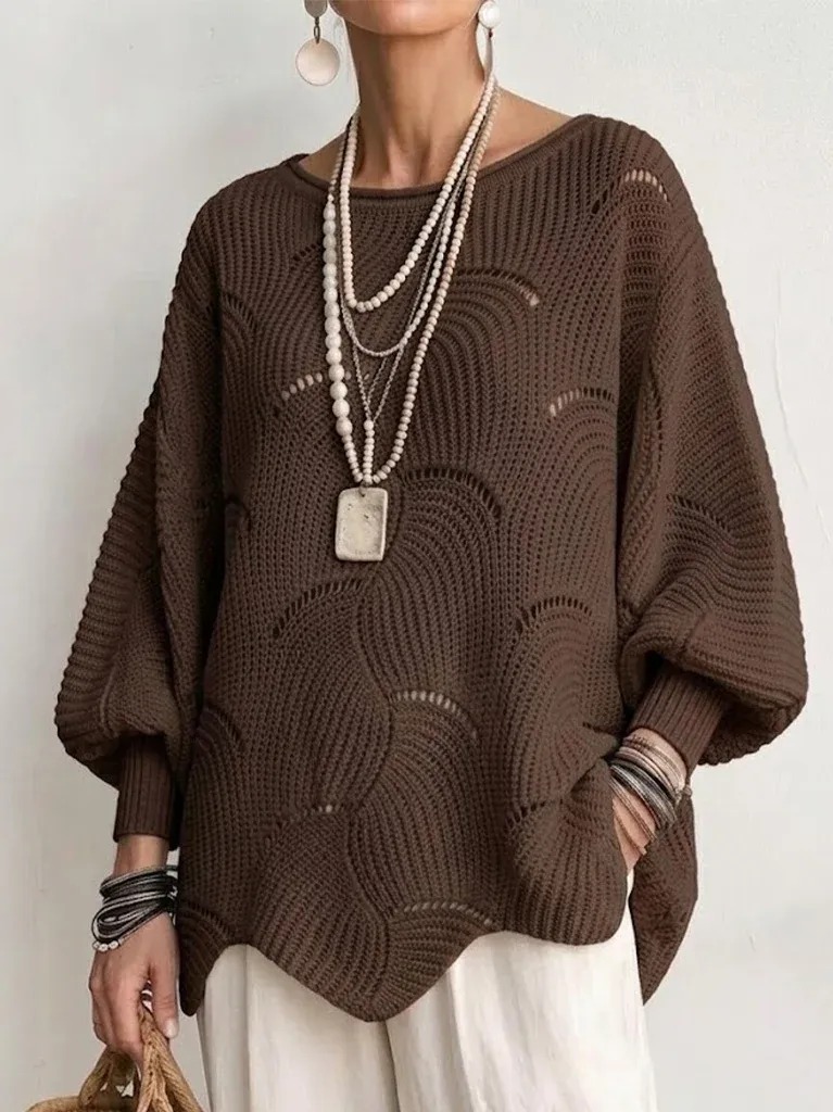 🔥LAST DAY 50% OFF🔥Hollow Wave Pattern Loose Lantern Sleeve Knit Top