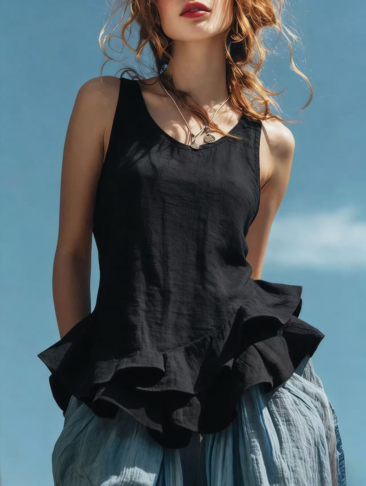 Women’s U-Neck Sleeveless Ruffle Hem Linen Cami Top, Solid Spliced Casual Summer Tank Top