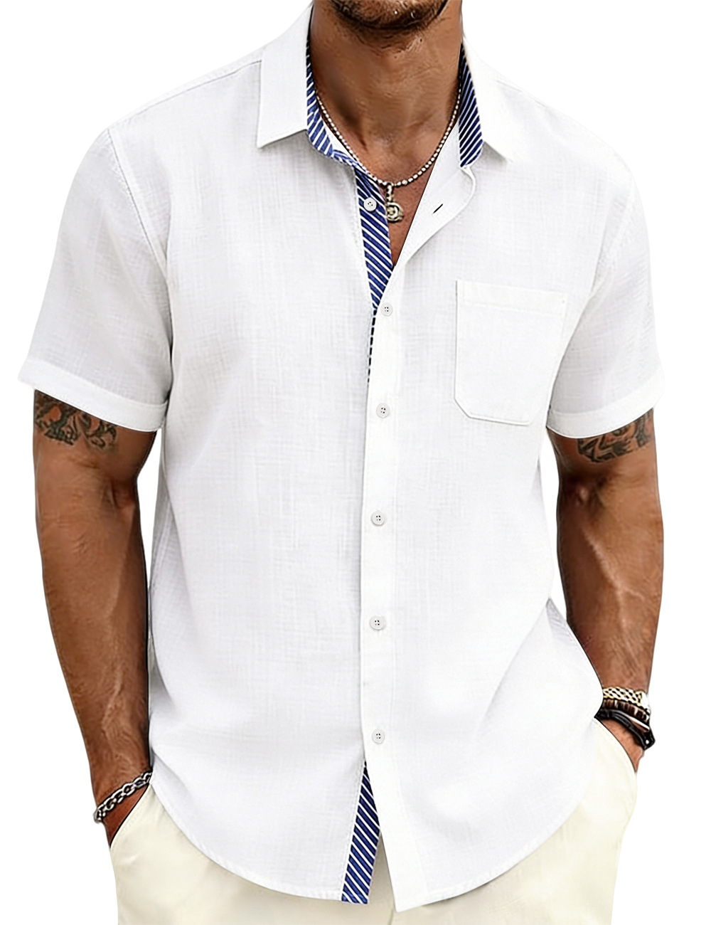 ⏰Promotion 50% OFF - Men’s Lapel Striped Liner Short Sleeve Shirt – New Arrival