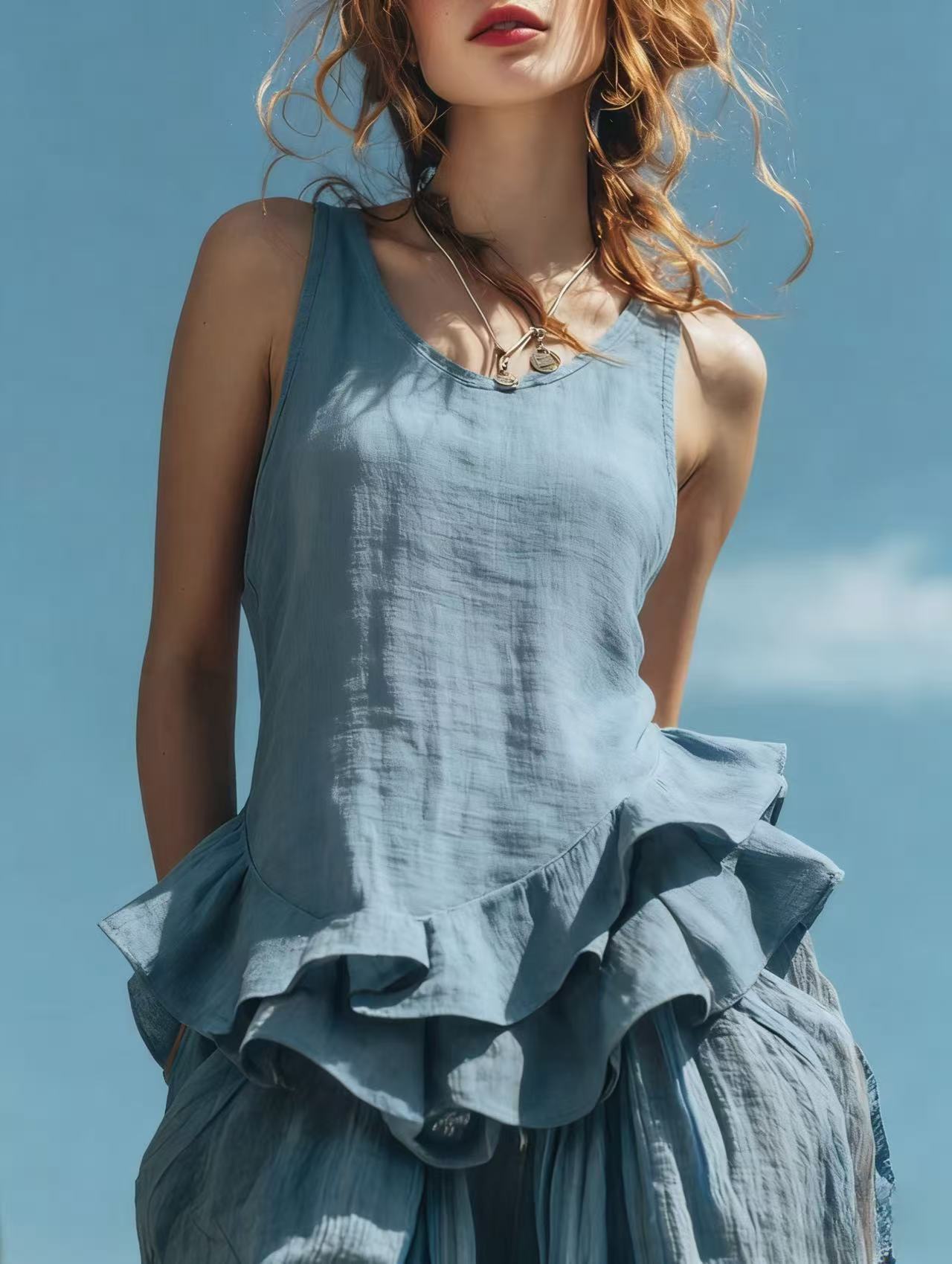 Women’s U-Neck Sleeveless Ruffle Hem Linen Cami Top, Solid Spliced Casual Summer Tank Top