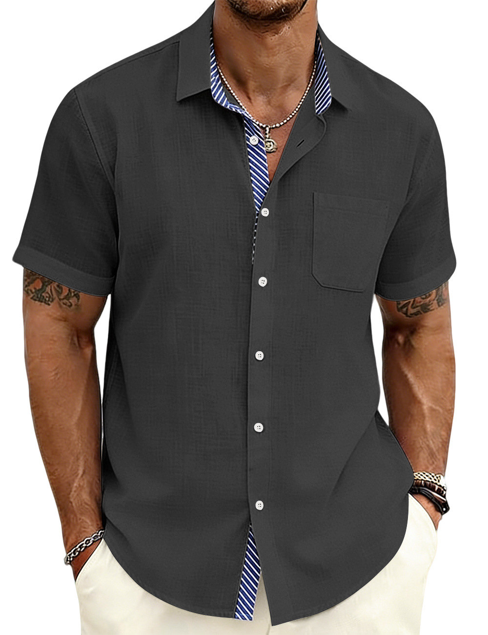 ⏰Promotion 50% OFF - Men’s Lapel Striped Liner Short Sleeve Shirt – New Arrival