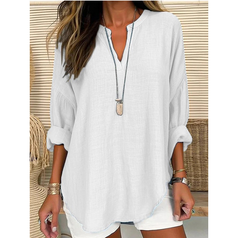 Women's Cotton Long Sleeve Round Neck Solid Color Loose Beach Shirt