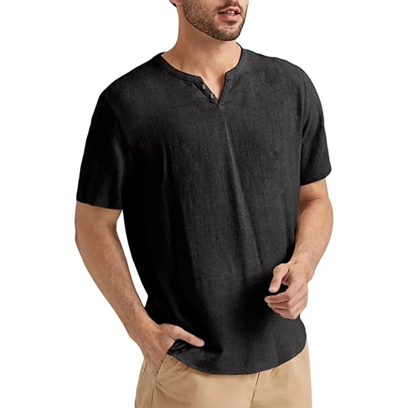 2025 New men's summer short-sleeved casual solid color cotton and linen T-shirt tops