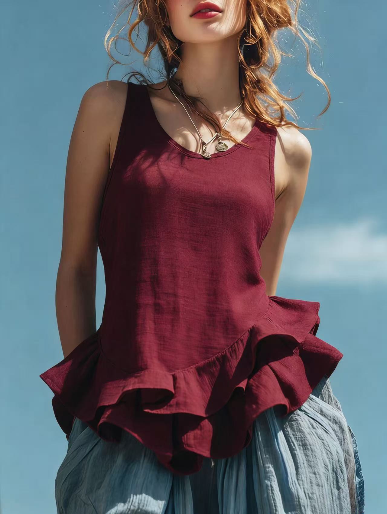 Women’s U-Neck Sleeveless Ruffle Hem Linen Cami Top, Solid Spliced Casual Summer Tank Top