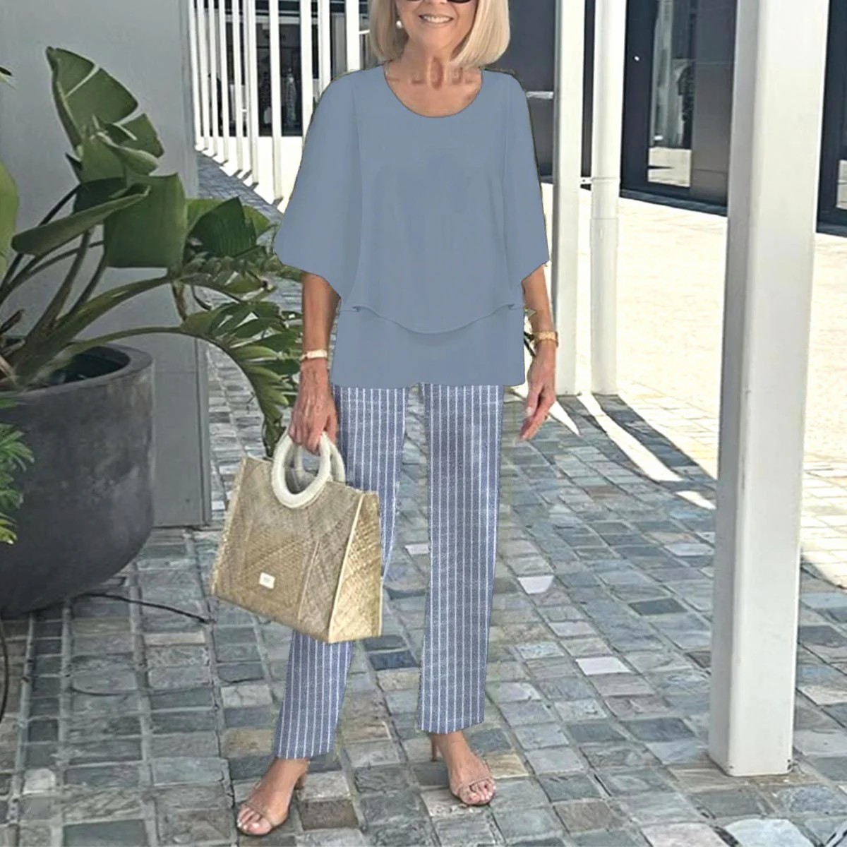 Last Day 60% OFF🔥 Women’s Crew Neck Mid-Sleeve Top & Striped Wide Leg Pants Two Piece Outfit Set