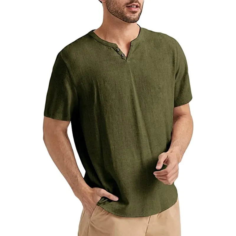 2025 New men's summer short-sleeved casual solid color cotton and linen T-shirt tops