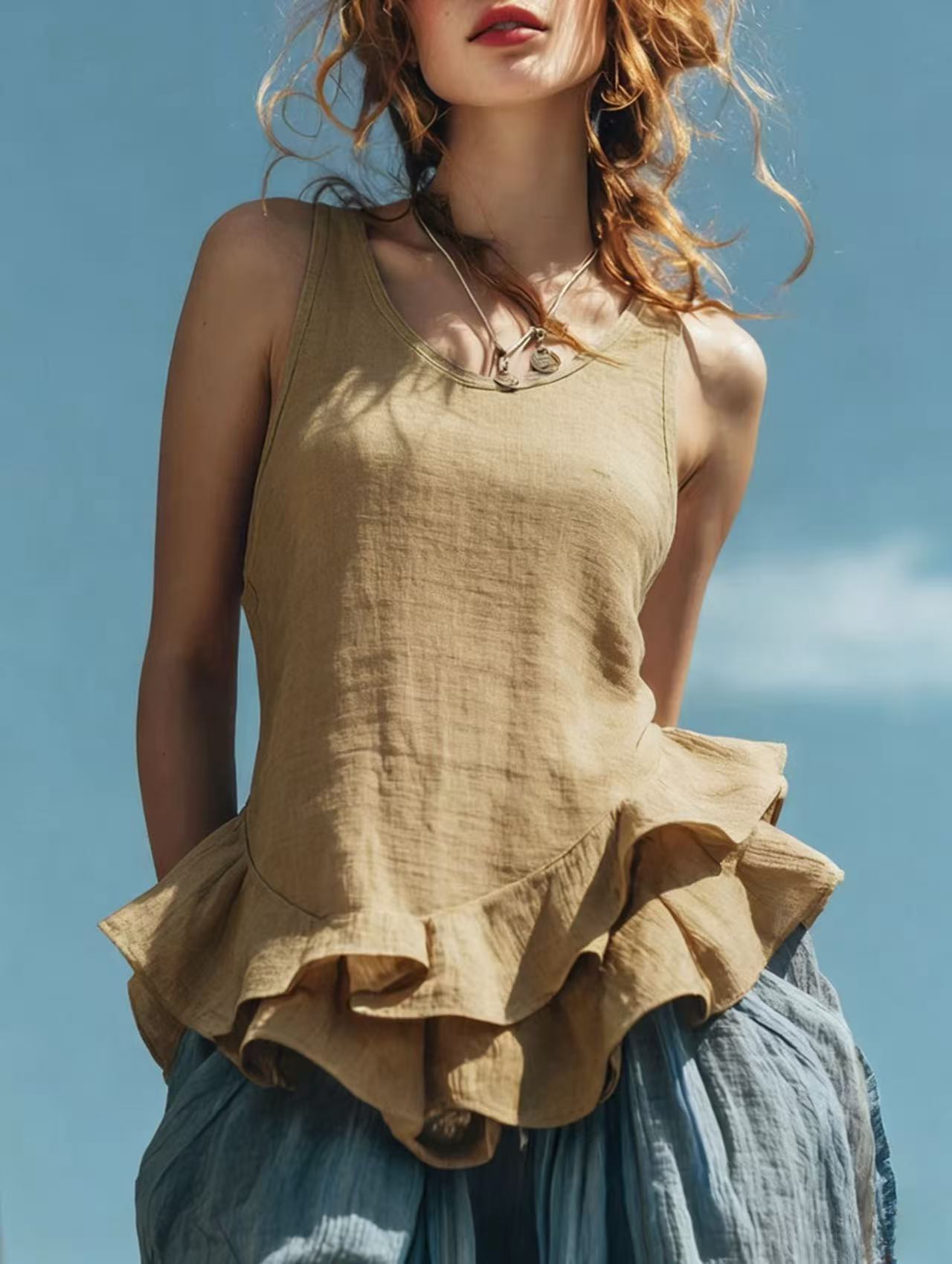 Women’s U-Neck Sleeveless Ruffle Hem Linen Cami Top, Solid Spliced Casual Summer Tank Top