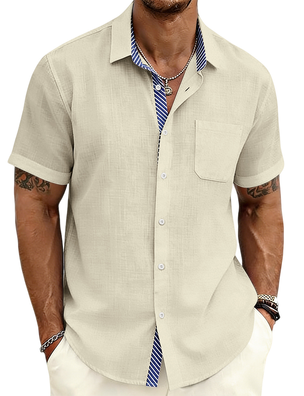 ⏰Promotion 50% OFF - Men’s Lapel Striped Liner Short Sleeve Shirt – New Arrival
