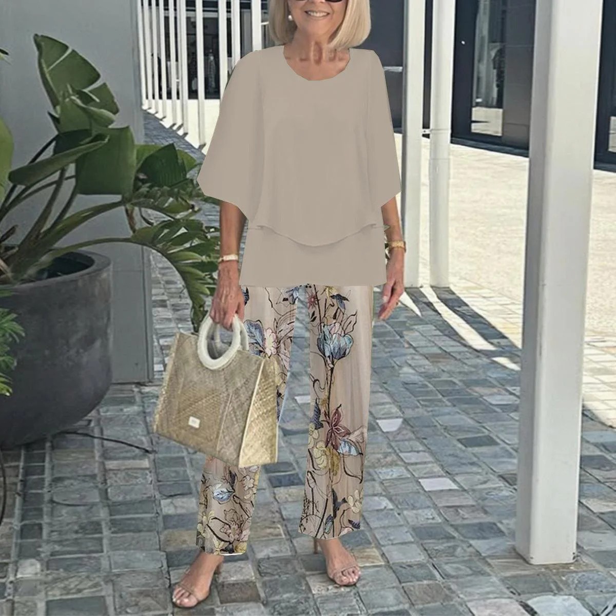 Last Day 60% OFF🔥 Women’s Crew Neck Mid-Sleeve Top & Striped Wide Leg Pants Two Piece Outfit Set