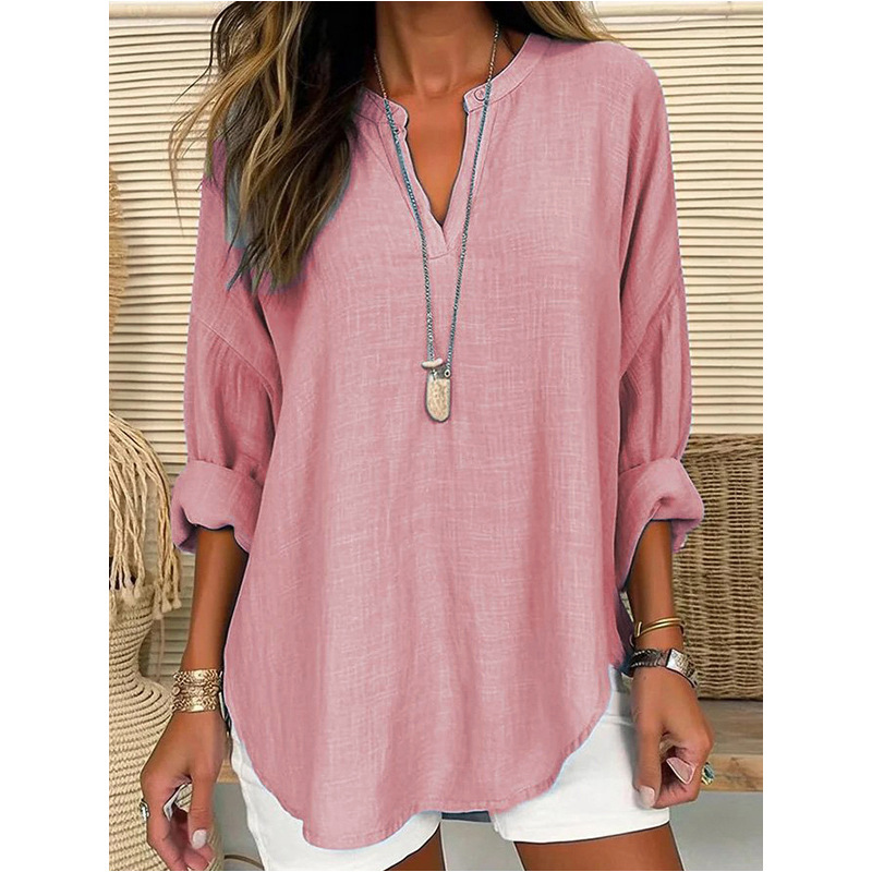 Women's Cotton Long Sleeve Round Neck Solid Color Loose Beach Shirt