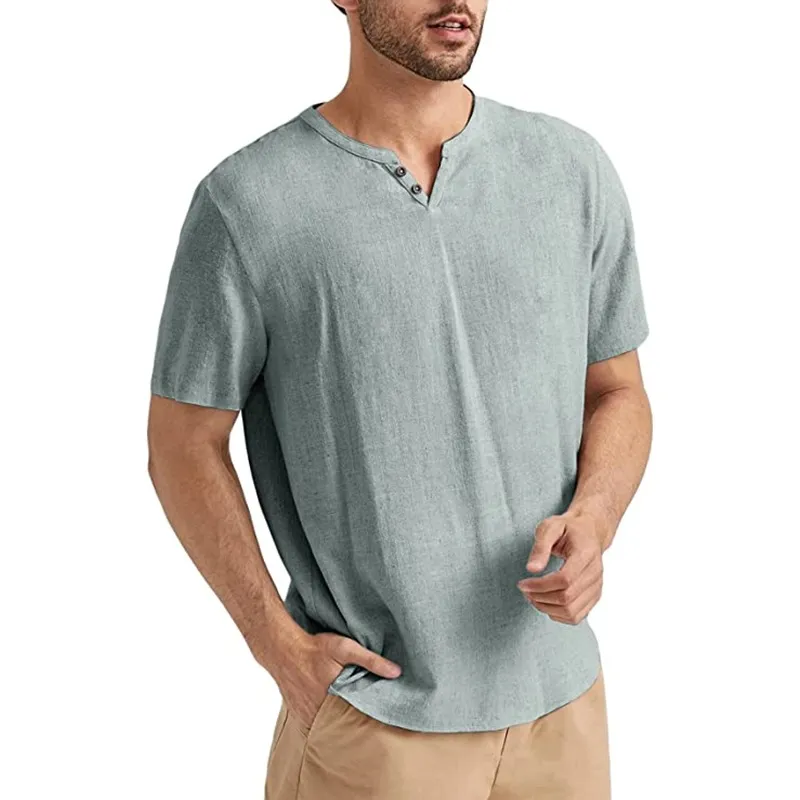 2025 New men's summer short-sleeved casual solid color cotton and linen T-shirt tops