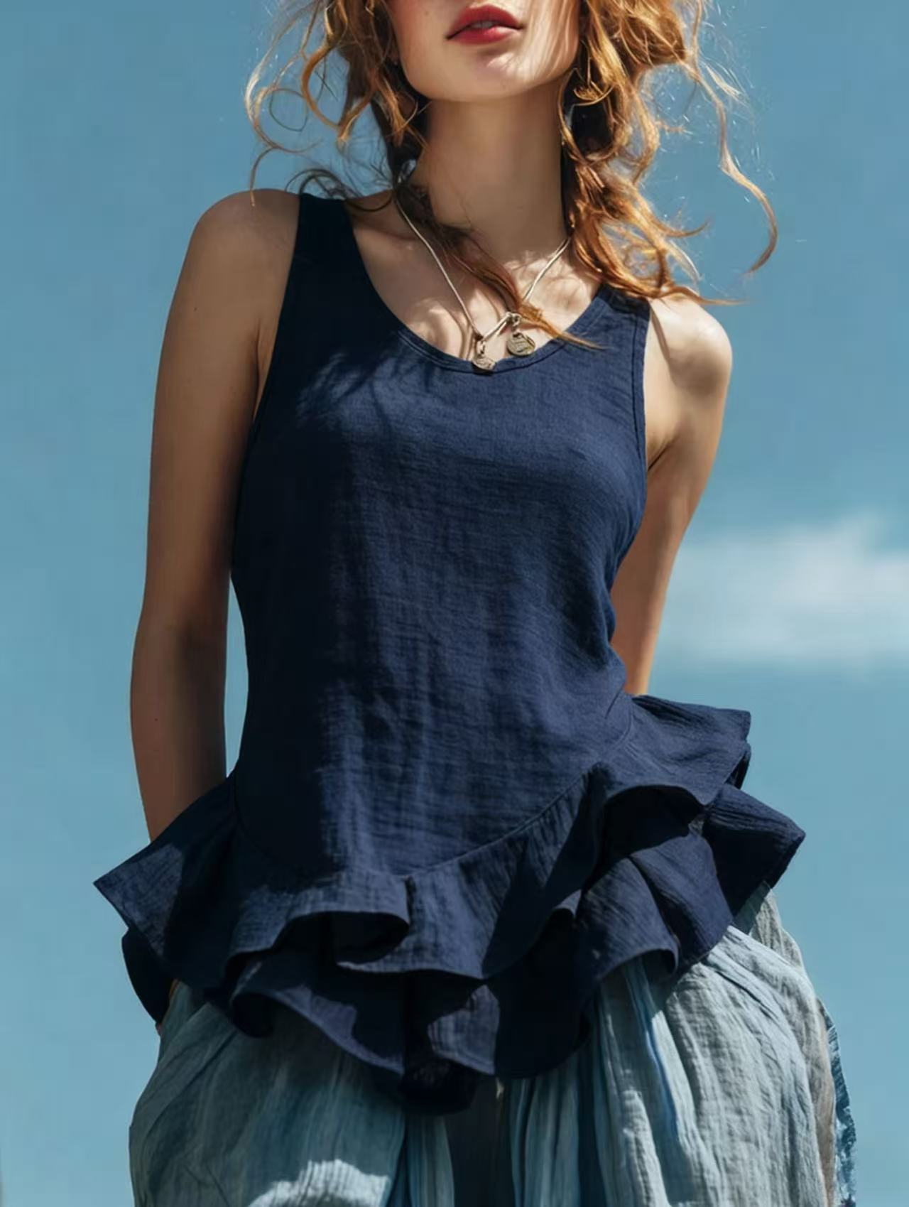 Women’s U-Neck Sleeveless Ruffle Hem Linen Cami Top, Solid Spliced Casual Summer Tank Top