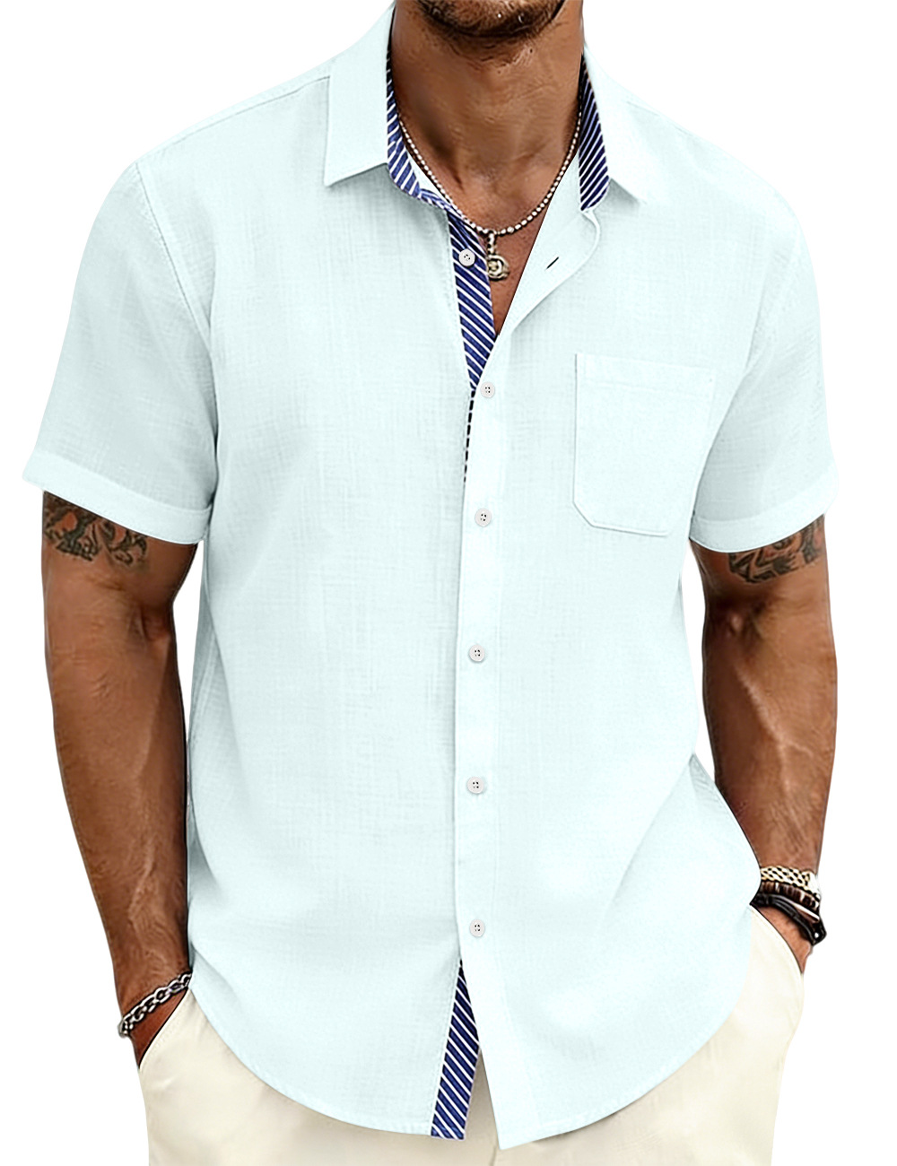 ⏰Promotion 50% OFF - Men’s Lapel Striped Liner Short Sleeve Shirt – New Arrival