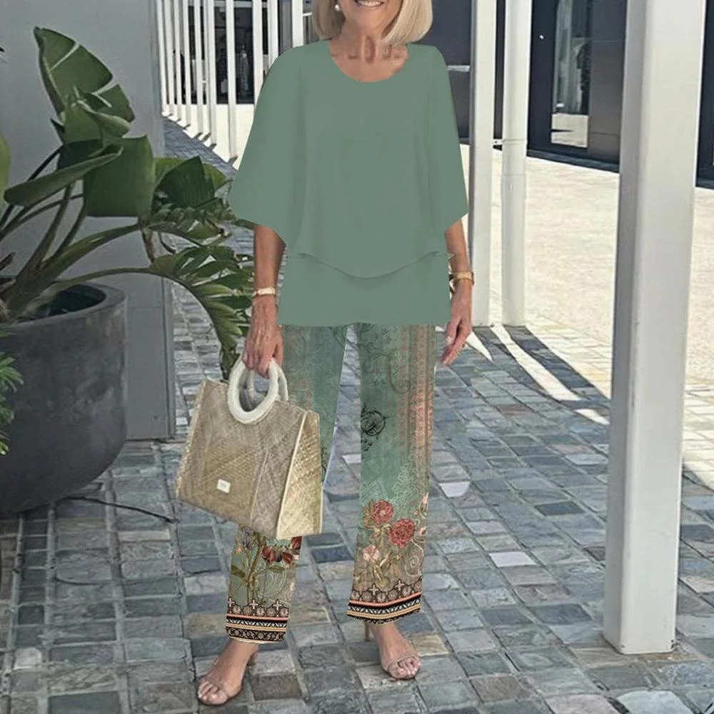 Last Day 60% OFF🔥 Women’s Crew Neck Mid-Sleeve Top & Striped Wide Leg Pants Two Piece Outfit Set
