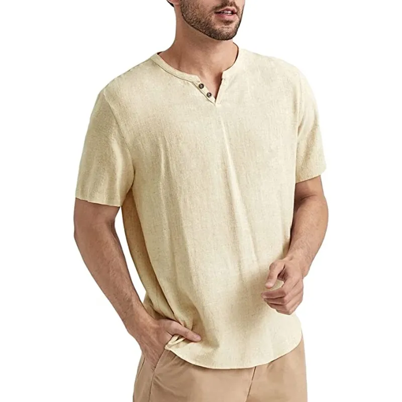 2025 New men's summer short-sleeved casual solid color cotton and linen T-shirt tops