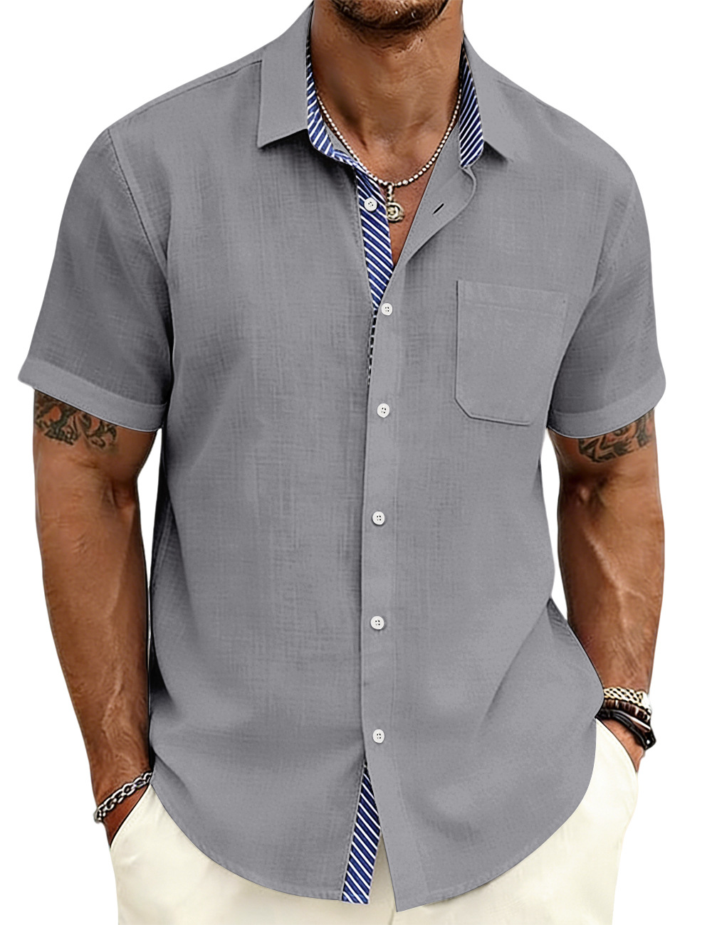 ⏰Promotion 50% OFF - Men’s Lapel Striped Liner Short Sleeve Shirt – New Arrival