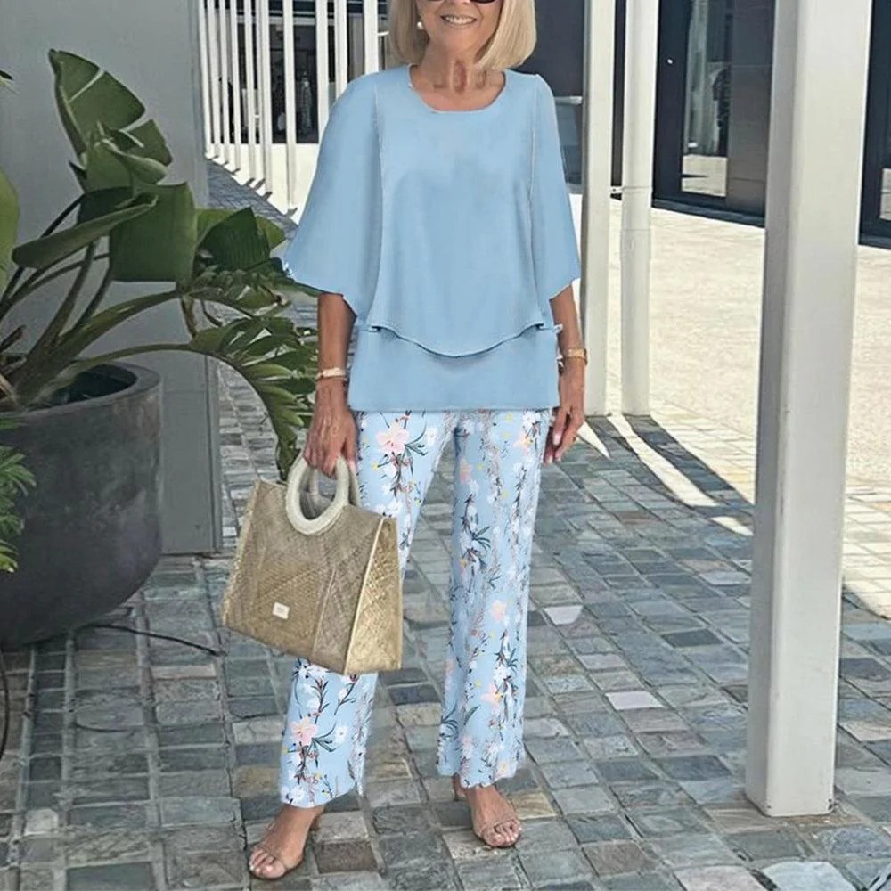 Last Day 60% OFF🔥 Women’s Crew Neck Mid-Sleeve Top & Striped Wide Leg Pants Two Piece Outfit Set