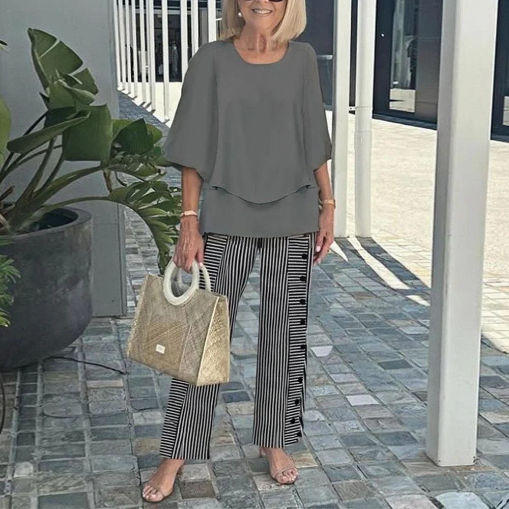 Last Day 60% OFF🔥 Women’s Crew Neck Mid-Sleeve Top & Striped Wide Leg Pants Two Piece Outfit Set