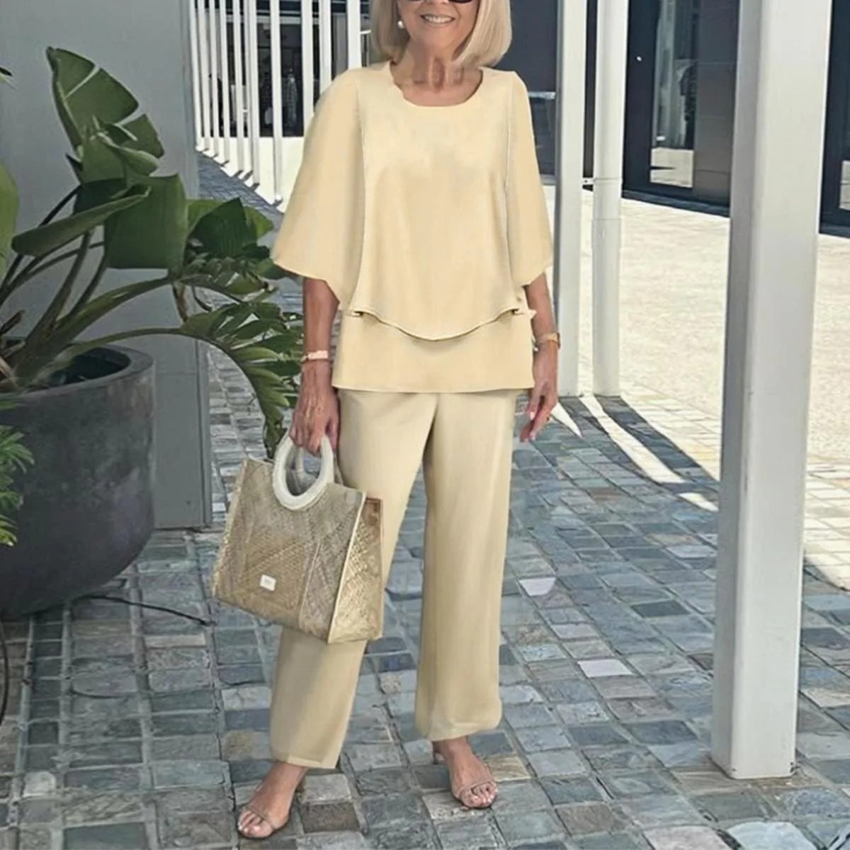 Last Day 60% OFF🔥 Women’s Crew Neck Mid-Sleeve Top & Striped Wide Leg Pants Two Piece Outfit Set