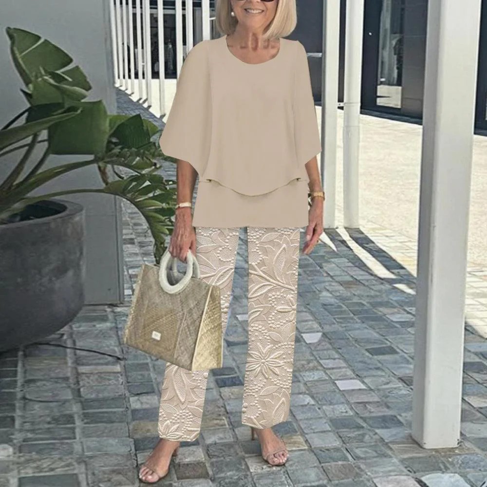 Last Day 60% OFF🔥 Women’s Crew Neck Mid-Sleeve Top & Striped Wide Leg Pants Two Piece Outfit Set