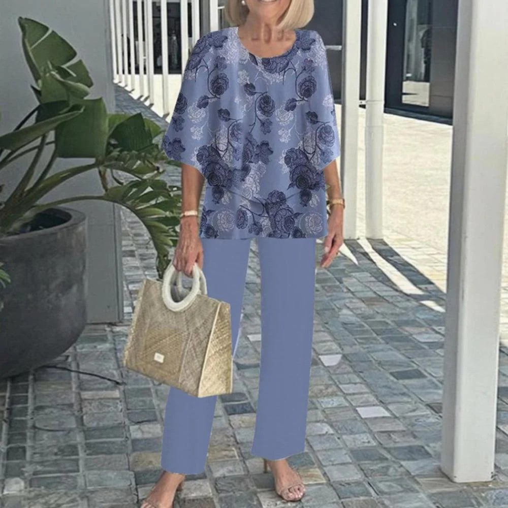 Last Day 60% OFF🔥 Women’s Crew Neck Mid-Sleeve Top & Striped Wide Leg Pants Two Piece Outfit Set