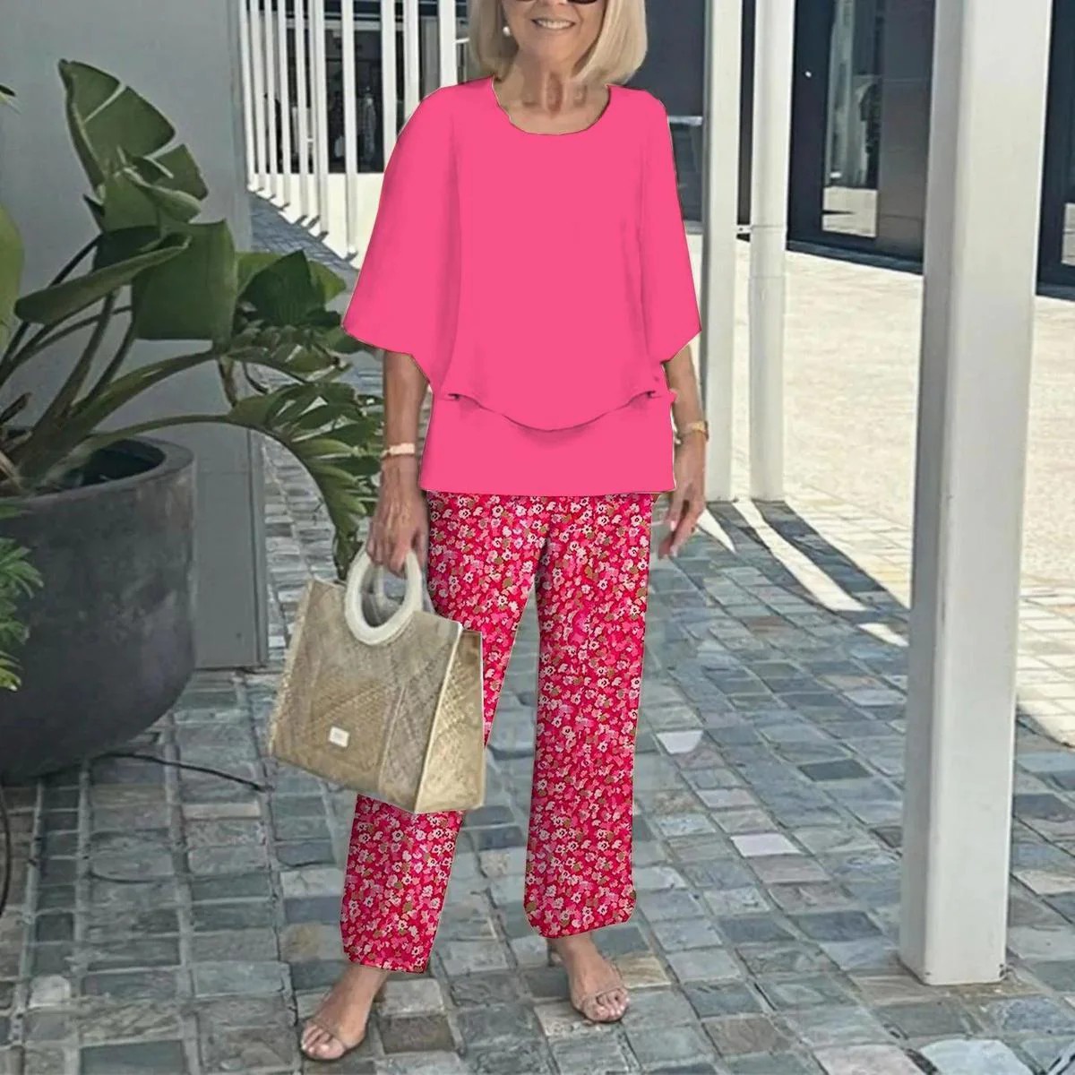 Last Day 60% OFF🔥 Women’s Crew Neck Mid-Sleeve Top & Striped Wide Leg Pants Two Piece Outfit Set