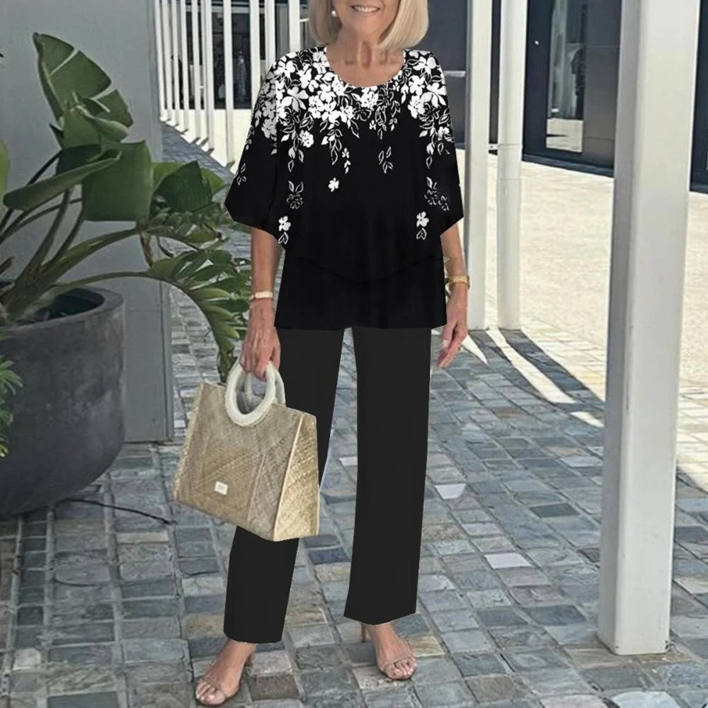 Last Day 60% OFF🔥 Women’s Crew Neck Mid-Sleeve Top & Striped Wide Leg Pants Two Piece Outfit Set