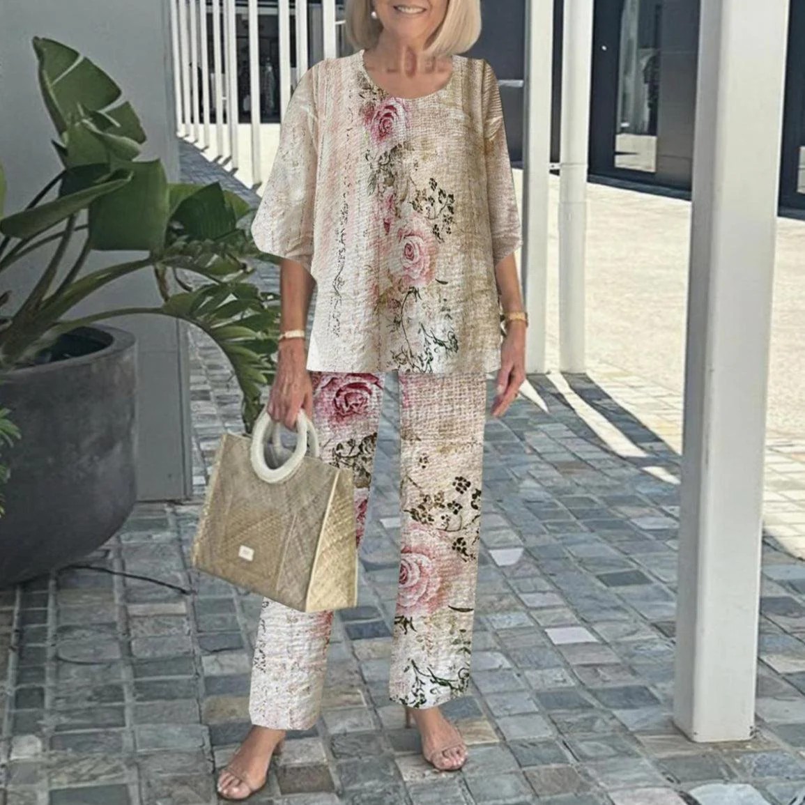 Last Day 60% OFF🔥 Women’s Crew Neck Mid-Sleeve Top & Striped Wide Leg Pants Two Piece Outfit Set