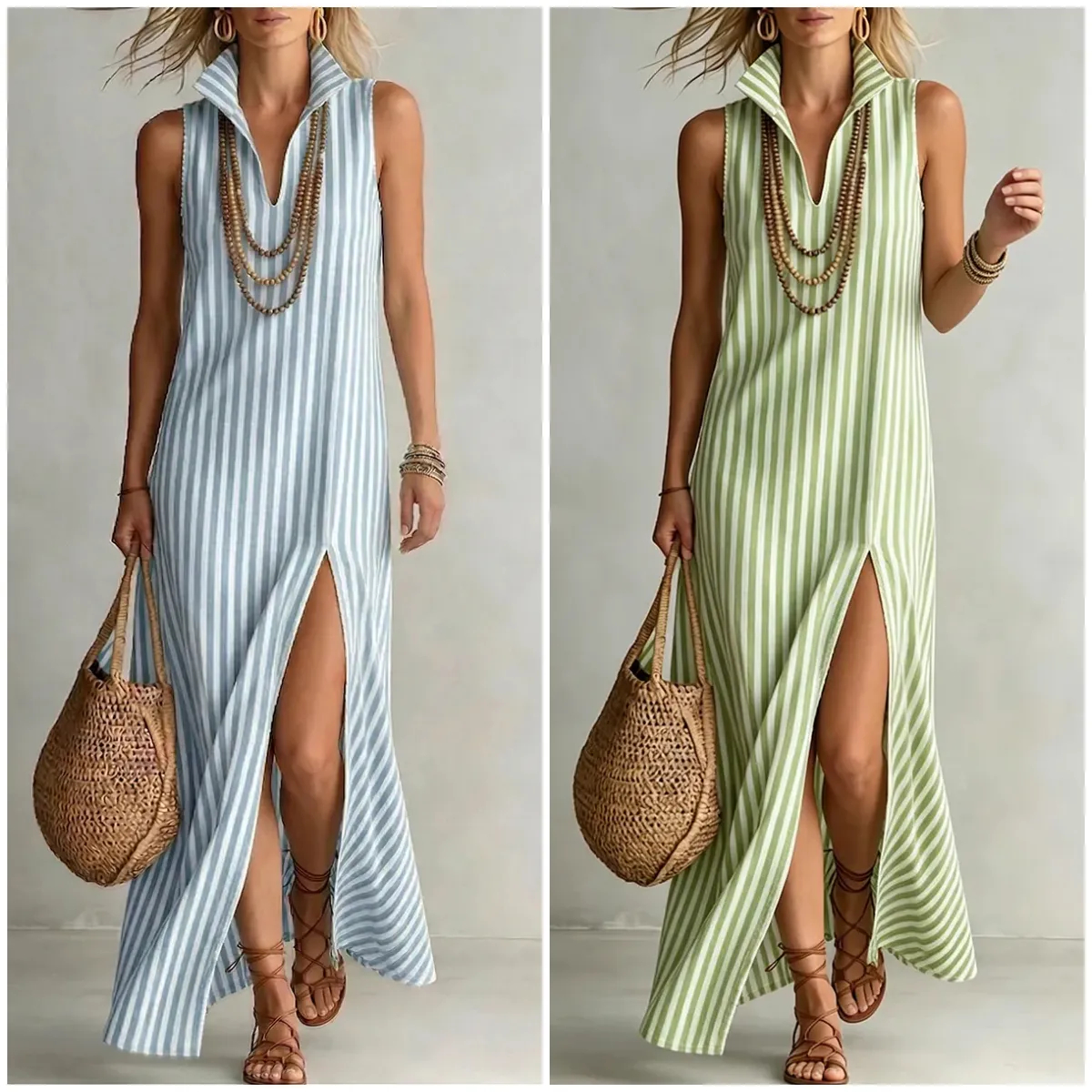 Stylish Classic Striped Stand-collar Cotton-linen Maxi Dress