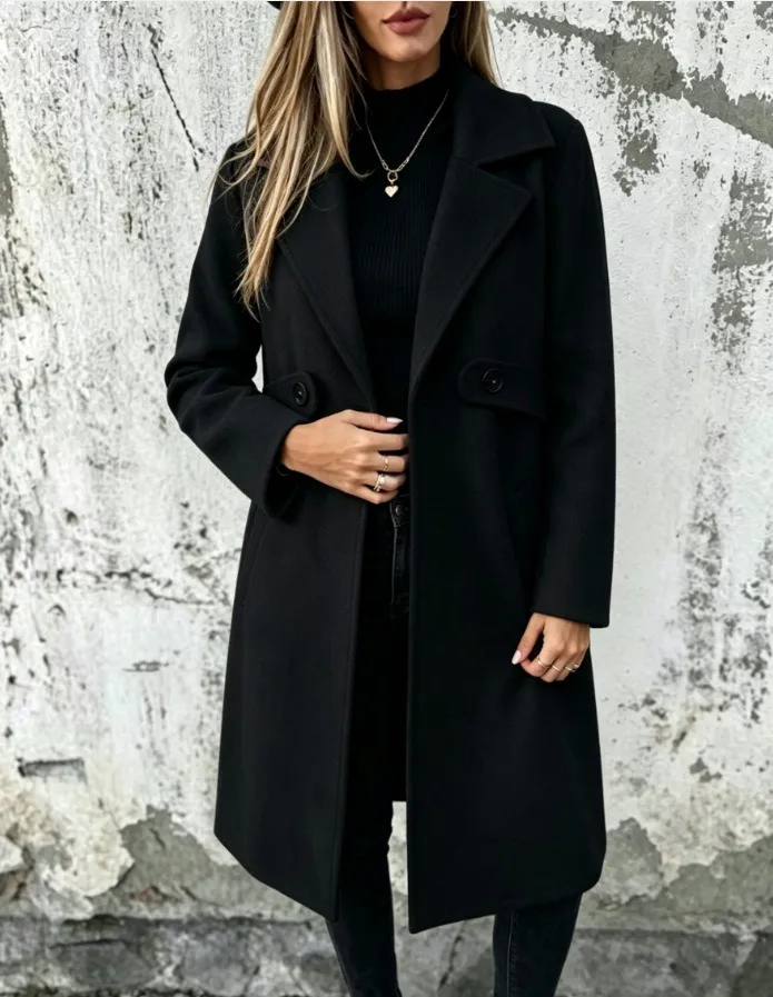 Women's Minimalist Mid‑Length Coat, Large Lapel Cinched Waist Button Decor Pocket Casual Outerwear for Autumn Winter