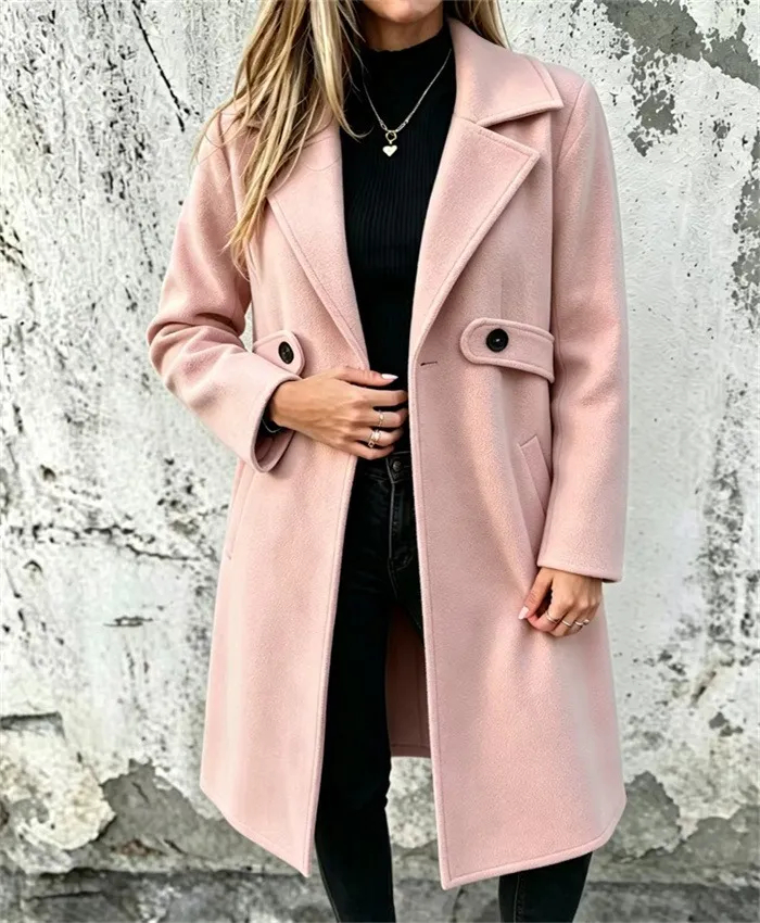 Women's Minimalist Mid‑Length Coat, Large Lapel Cinched Waist Button Decor Pocket Casual Outerwear for Autumn Winter